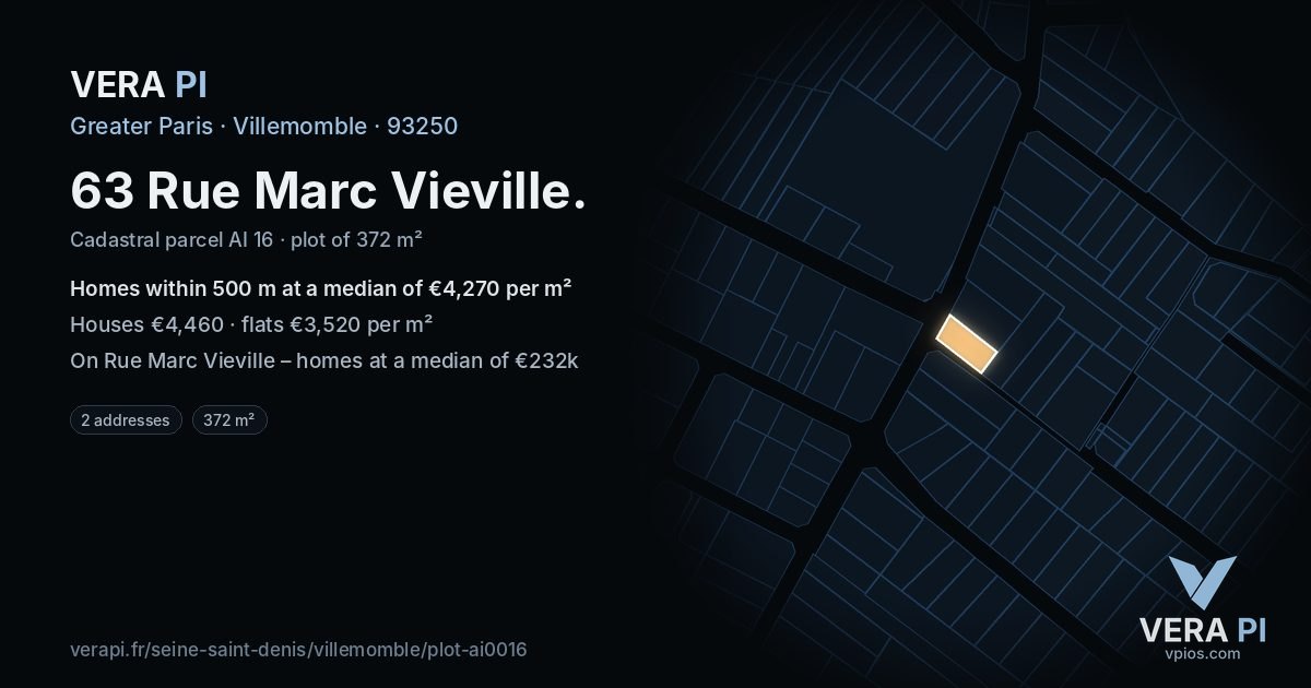 63 Rue Marc Vieville, Villemomble at night – the plot lit, the parcels around coloured by the prices near them