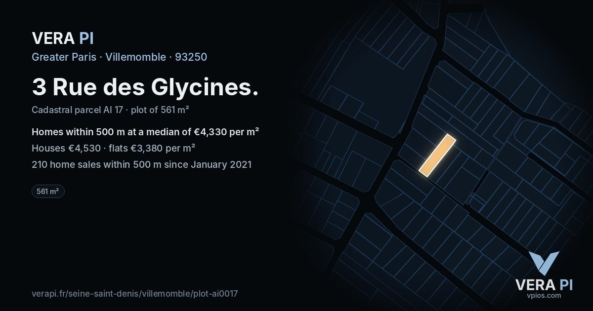 3 Rue des Glycines, Villemomble at night – the plot lit, the parcels around coloured by the prices near them