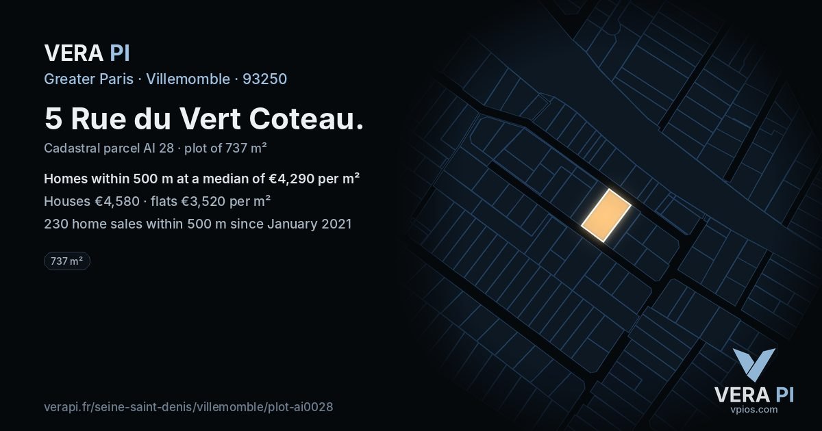 5 Rue du Vert Coteau, Villemomble at night – the plot lit, the parcels around coloured by the prices near them