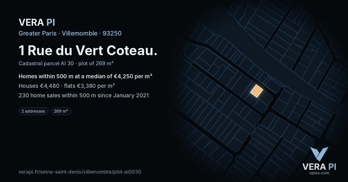 1 Rue du Vert Coteau, Villemomble at night – the plot lit, the parcels around coloured by the prices near them