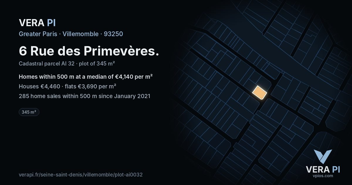6 Rue des Primevères, Villemomble at night – the plot lit, the parcels around coloured by the prices near them