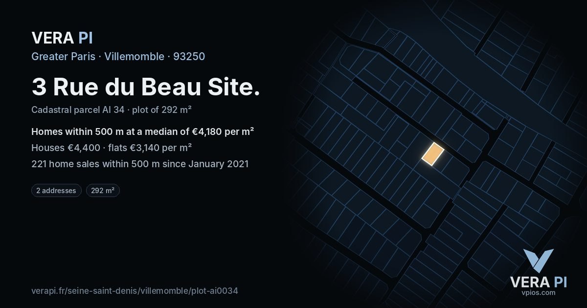 3 Rue du Beau Site, Villemomble at night – the plot lit, the parcels around coloured by the prices near them