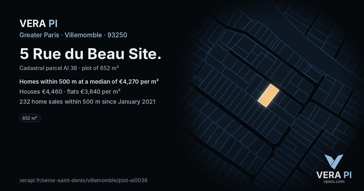 5 Rue du Beau Site, Villemomble at night – the plot lit, the parcels around coloured by the prices near them