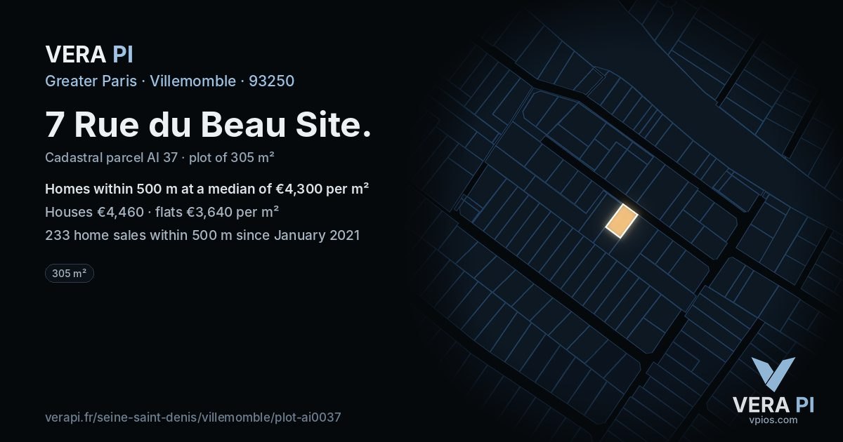 7 Rue du Beau Site, Villemomble at night – the plot lit, the parcels around coloured by the prices near them