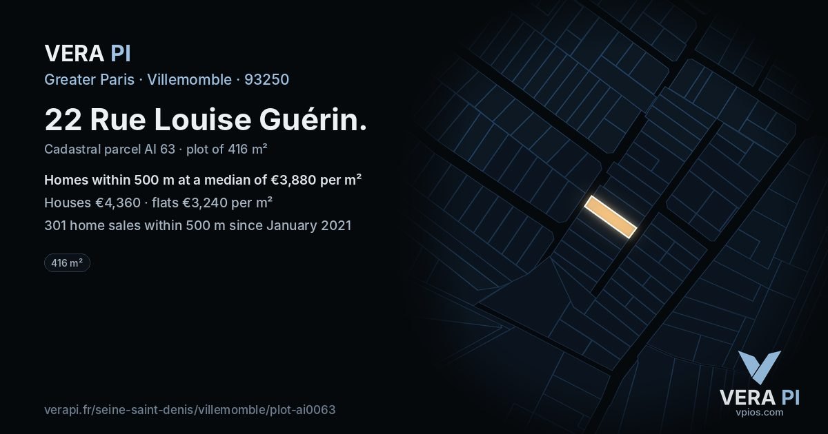 22 Rue Louise Guérin, Villemomble at night – the plot lit, the parcels around coloured by the prices near them
