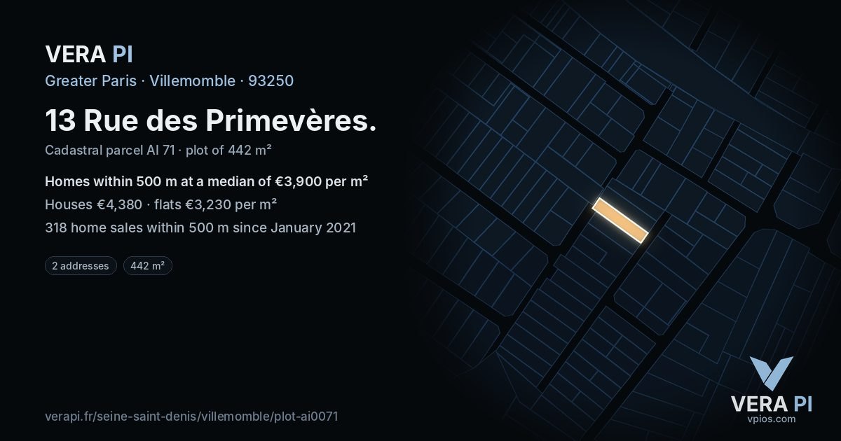 13 Rue des Primevères, Villemomble at night – the plot lit, the parcels around coloured by the prices near them