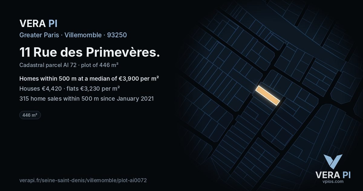 11 Rue des Primevères, Villemomble at night – the plot lit, the parcels around coloured by the prices near them
