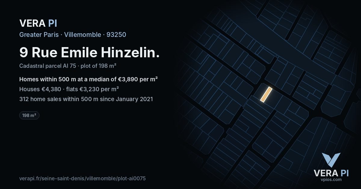 9 Rue Emile Hinzelin, Villemomble at night – the plot lit, the parcels around coloured by the prices near them