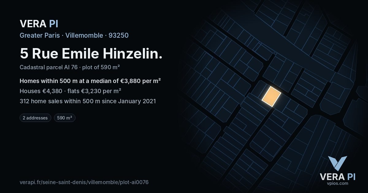 5 Rue Emile Hinzelin, Villemomble at night – the plot lit, the parcels around coloured by the prices near them