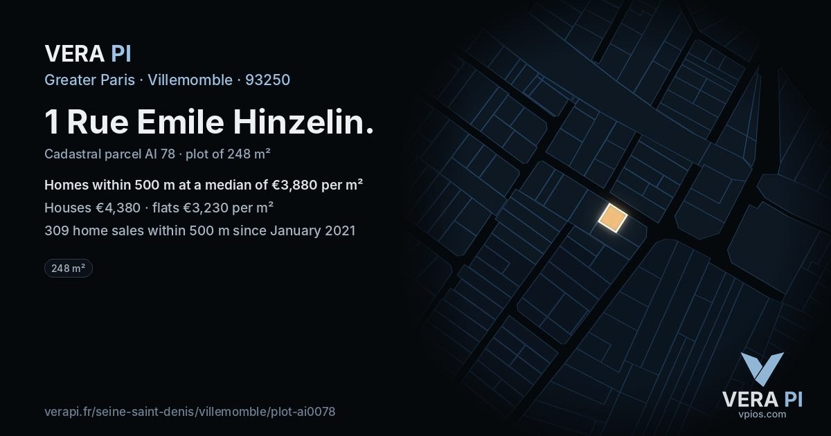 1 Rue Emile Hinzelin, Villemomble at night – the plot lit, the parcels around coloured by the prices near them