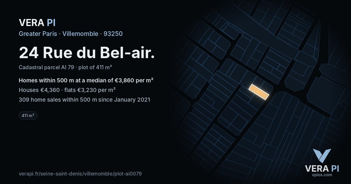 24 Rue du Bel-air, Villemomble at night – the plot lit, the parcels around coloured by the prices near them