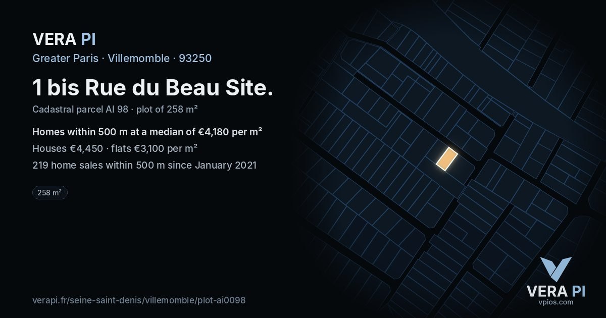 1 bis Rue du Beau Site, Villemomble at night – the plot lit, the parcels around coloured by the prices near them