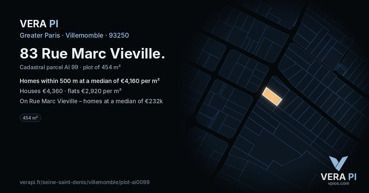 83 Rue Marc Vieville, Villemomble at night – the plot lit, the parcels around coloured by the prices near them