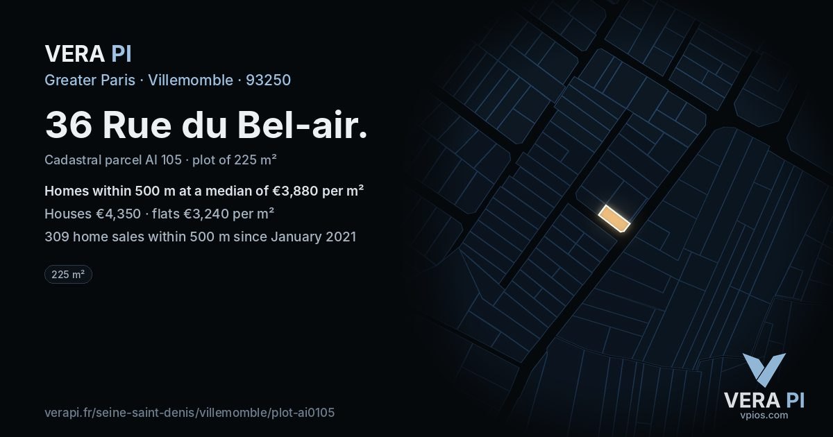 36 Rue du Bel-air, Villemomble at night – the plot lit, the parcels around coloured by the prices near them