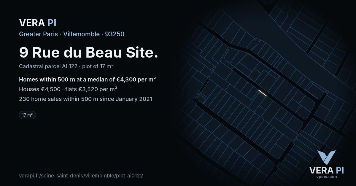 9 Rue du Beau Site, Villemomble at night – the plot lit, the parcels around coloured by the prices near them