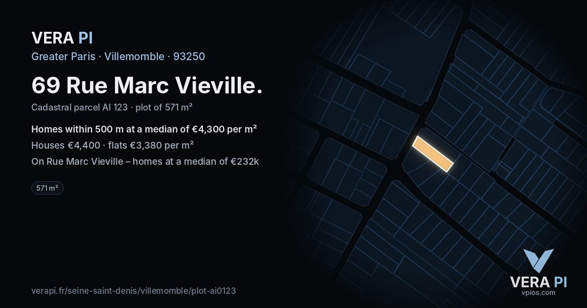 69 Rue Marc Vieville, Villemomble at night – the plot lit, the parcels around coloured by the prices near them