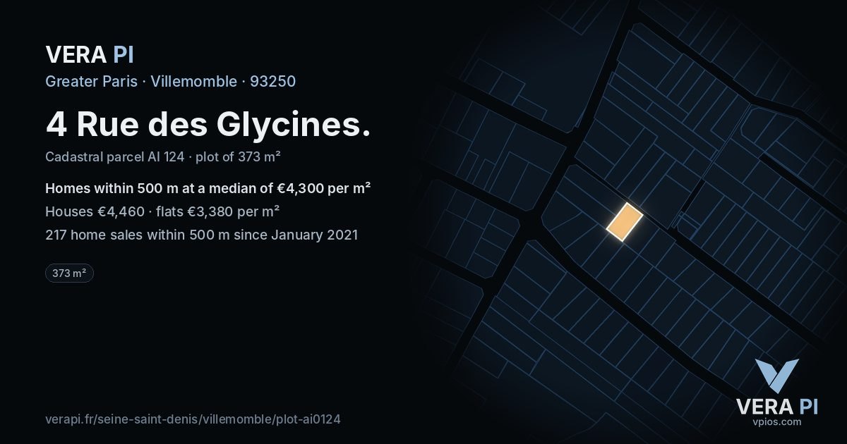 4 Rue des Glycines, Villemomble at night – the plot lit, the parcels around coloured by the prices near them