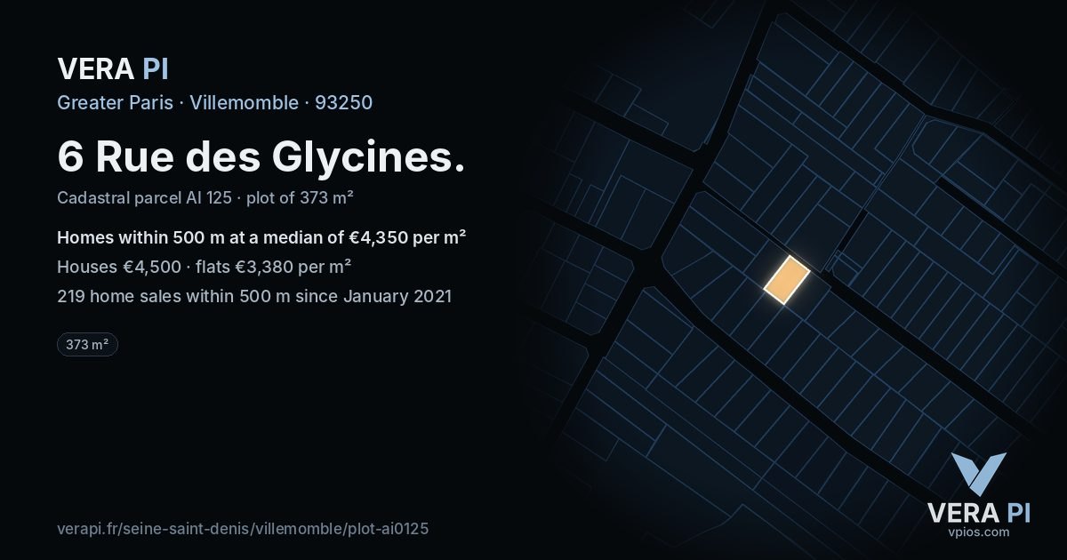 6 Rue des Glycines, Villemomble at night – the plot lit, the parcels around coloured by the prices near them
