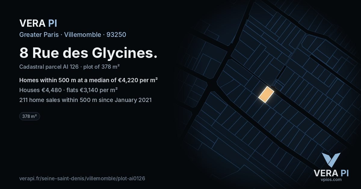 8 Rue des Glycines, Villemomble at night – the plot lit, the parcels around coloured by the prices near them