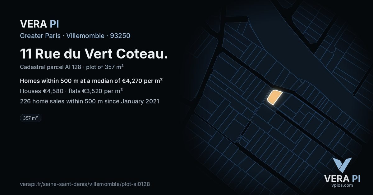 11 Rue du Vert Coteau, Villemomble at night – the plot lit, the parcels around coloured by the prices near them