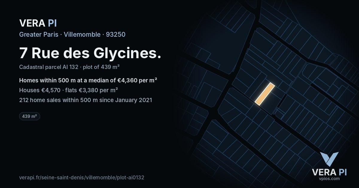 7 Rue des Glycines, Villemomble at night – the plot lit, the parcels around coloured by the prices near them