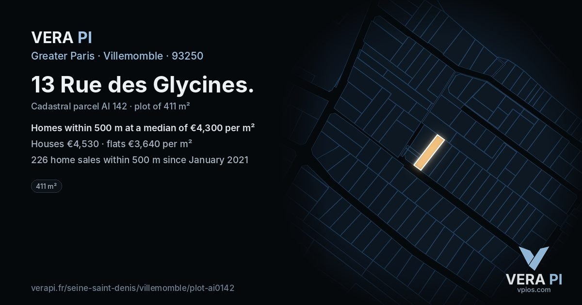13 Rue des Glycines, Villemomble at night – the plot lit, the parcels around coloured by the prices near them