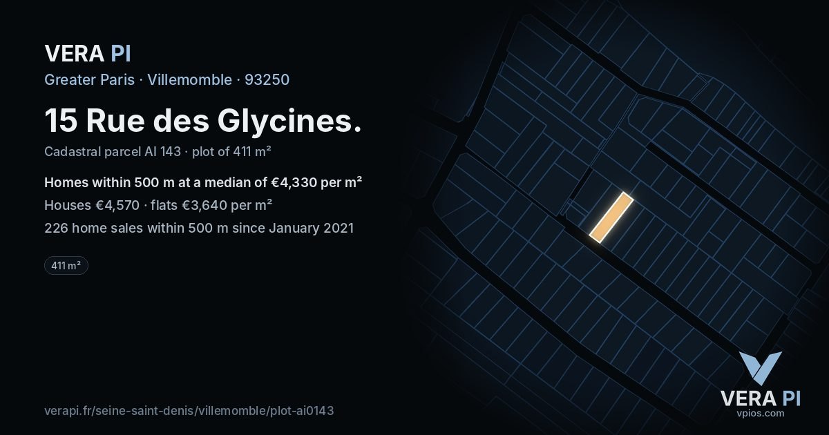 15 Rue des Glycines, Villemomble at night – the plot lit, the parcels around coloured by the prices near them