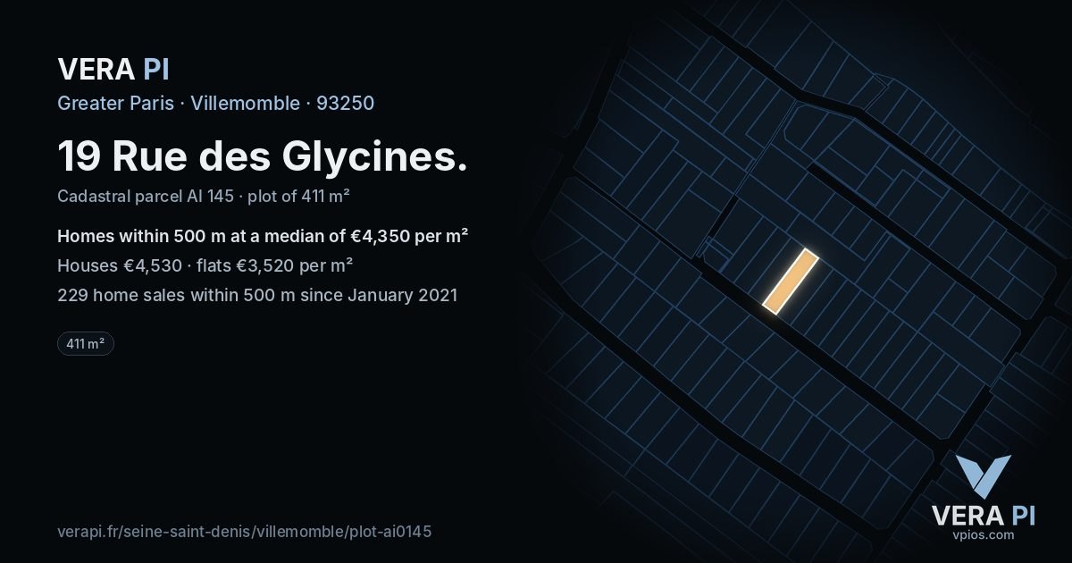 19 Rue des Glycines, Villemomble at night – the plot lit, the parcels around coloured by the prices near them