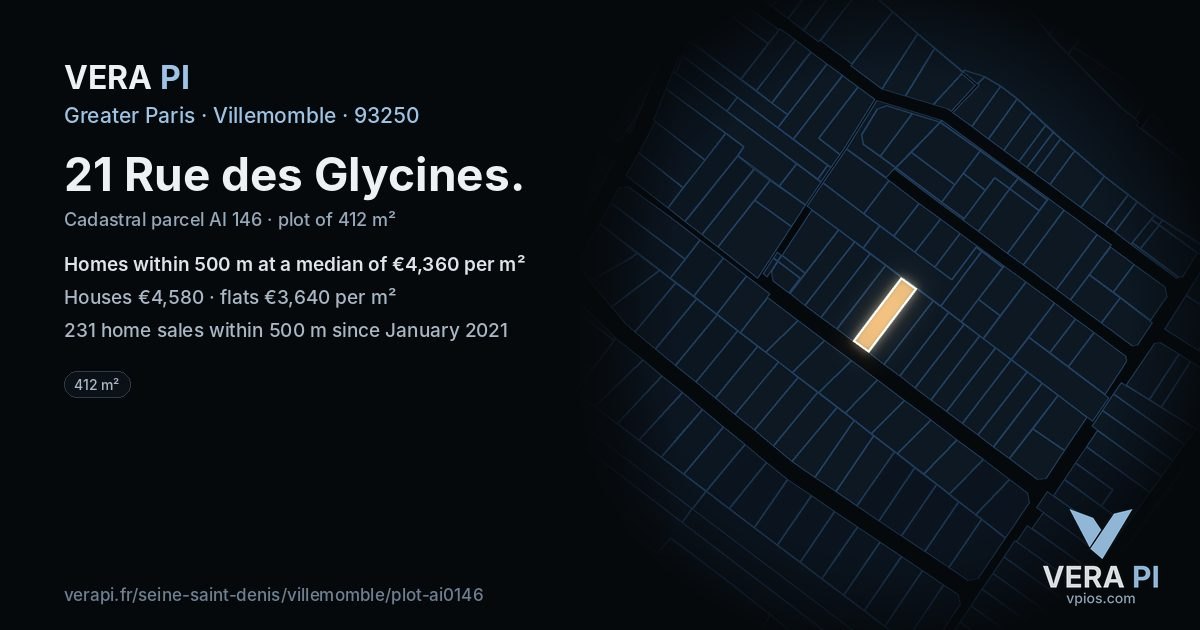 21 Rue des Glycines, Villemomble at night – the plot lit, the parcels around coloured by the prices near them