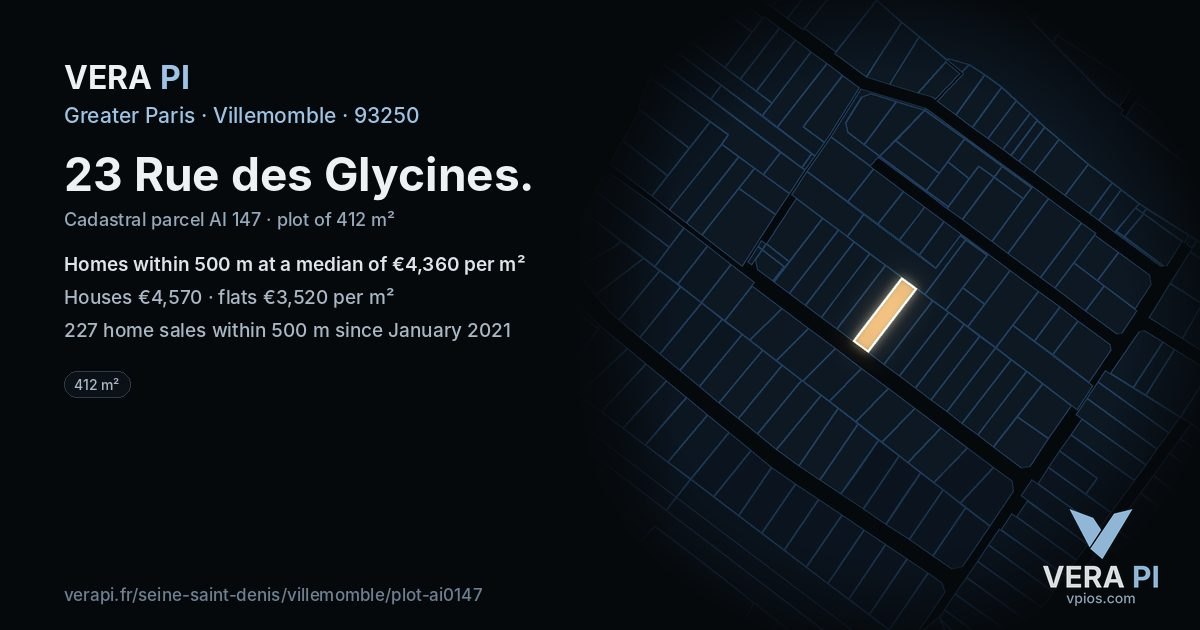 23 Rue des Glycines, Villemomble at night – the plot lit, the parcels around coloured by the prices near them
