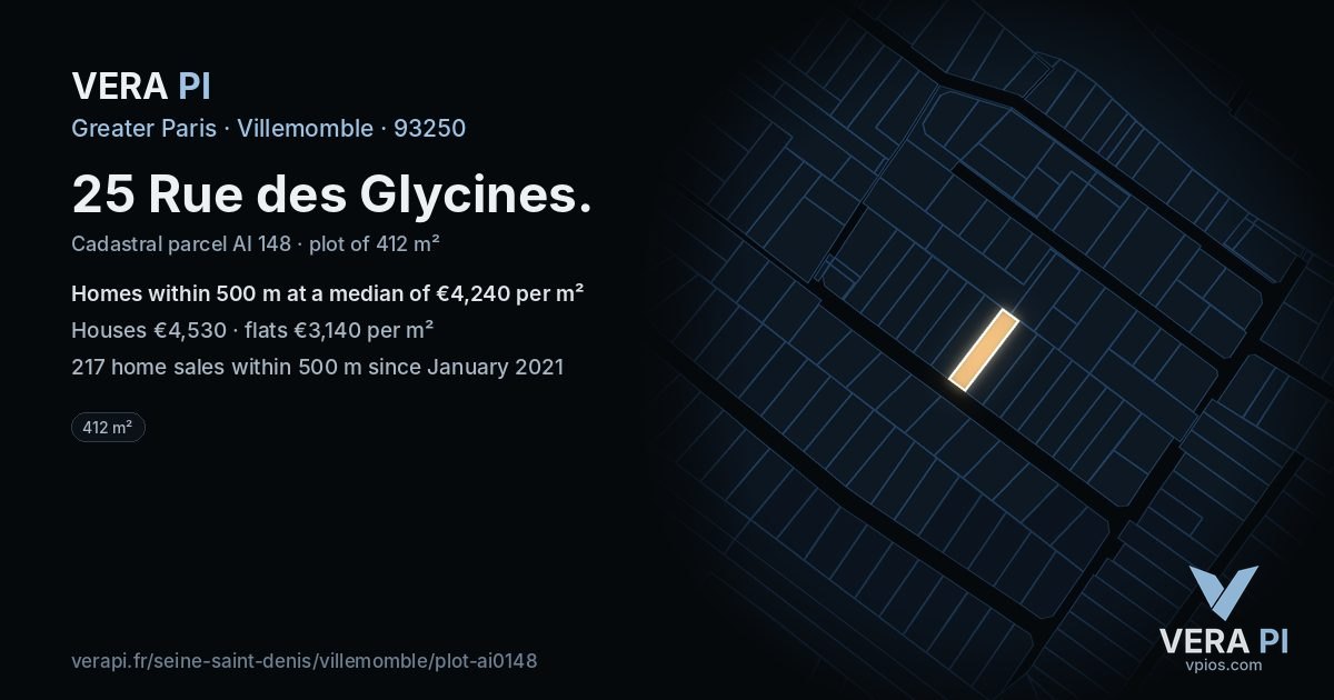 25 Rue des Glycines, Villemomble at night – the plot lit, the parcels around coloured by the prices near them