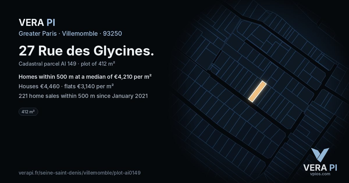 27 Rue des Glycines, Villemomble at night – the plot lit, the parcels around coloured by the prices near them