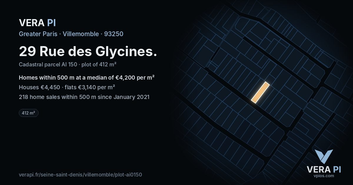 29 Rue des Glycines, Villemomble at night – the plot lit, the parcels around coloured by the prices near them