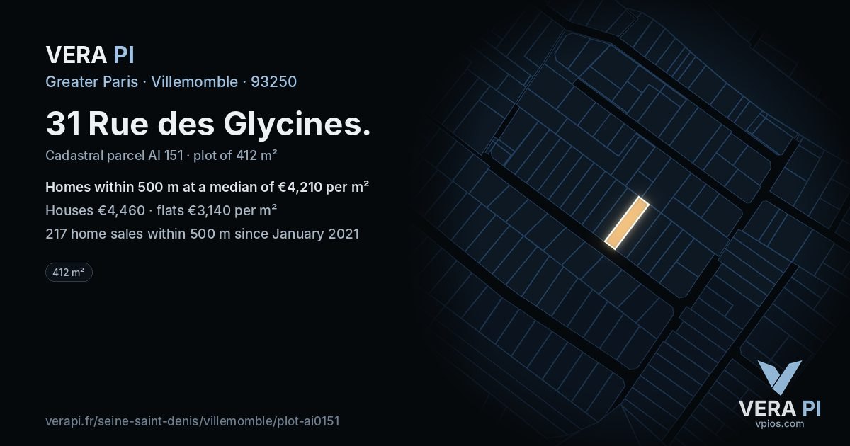 31 Rue des Glycines, Villemomble at night – the plot lit, the parcels around coloured by the prices near them
