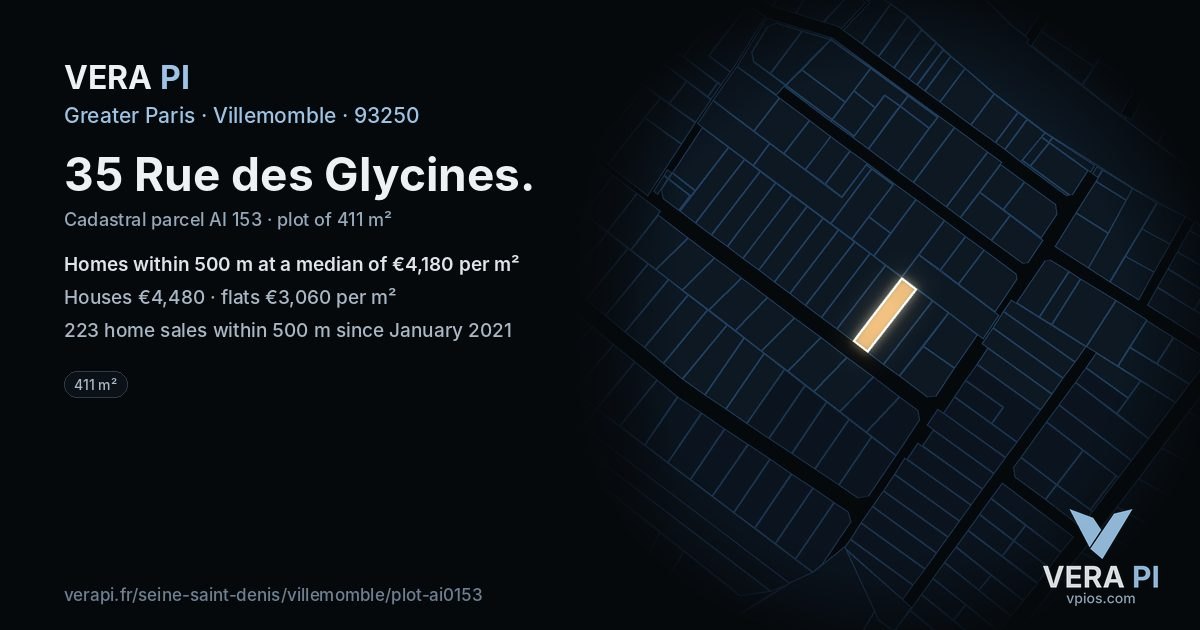 35 Rue des Glycines, Villemomble at night – the plot lit, the parcels around coloured by the prices near them