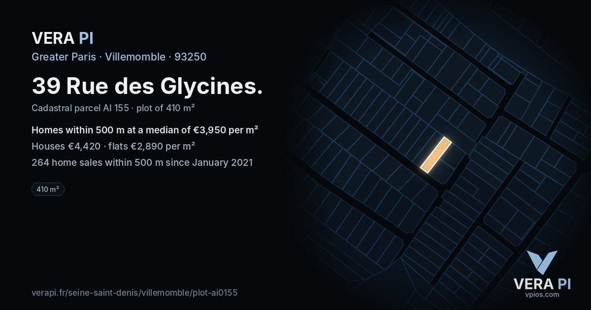 39 Rue des Glycines, Villemomble at night – the plot lit, the parcels around coloured by the prices near them