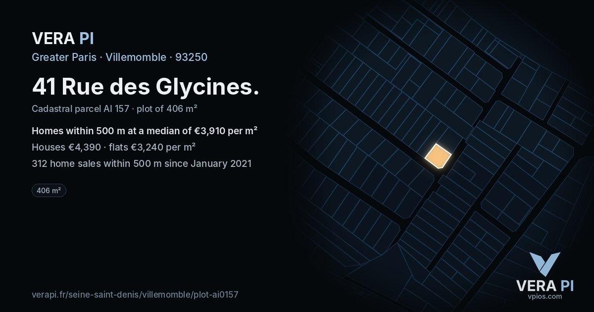41 Rue des Glycines, Villemomble at night – the plot lit, the parcels around coloured by the prices near them
