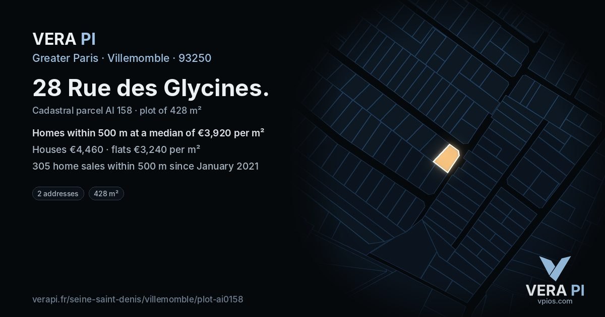 28 Rue des Glycines, Villemomble at night – the plot lit, the parcels around coloured by the prices near them