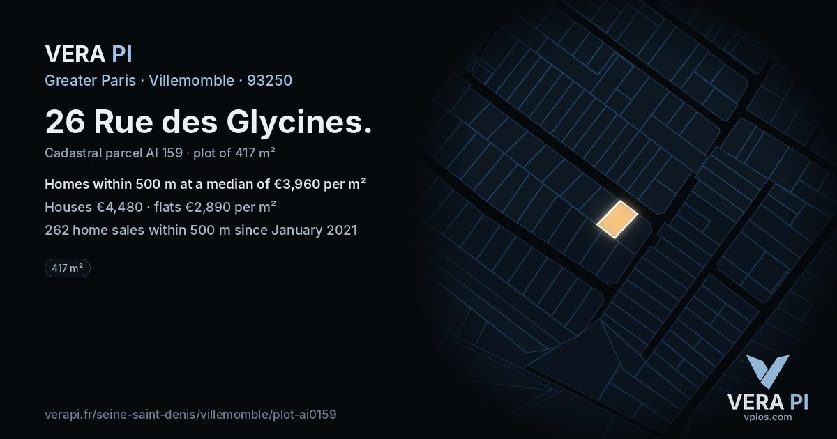 26 Rue des Glycines, Villemomble at night – the plot lit, the parcels around coloured by the prices near them