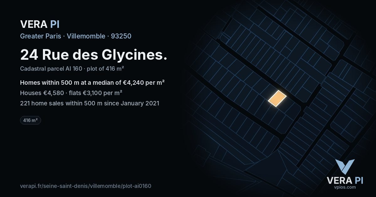 24 Rue des Glycines, Villemomble at night – the plot lit, the parcels around coloured by the prices near them