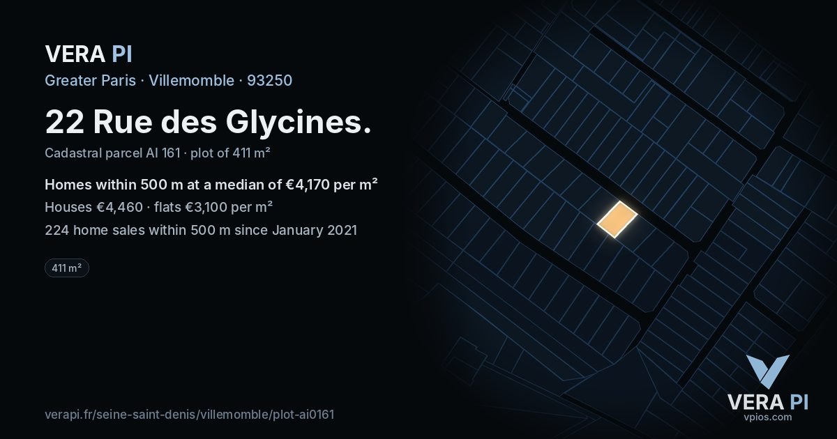 22 Rue des Glycines, Villemomble at night – the plot lit, the parcels around coloured by the prices near them