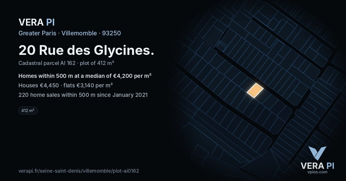20 Rue des Glycines, Villemomble at night – the plot lit, the parcels around coloured by the prices near them