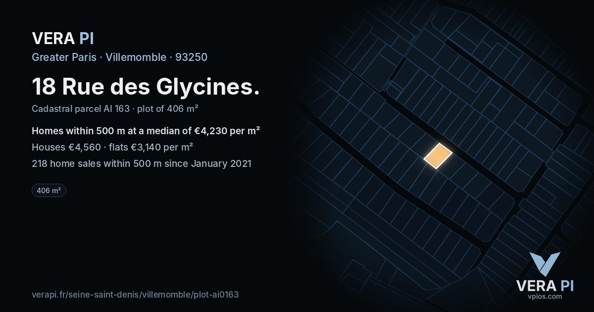 18 Rue des Glycines, Villemomble at night – the plot lit, the parcels around coloured by the prices near them