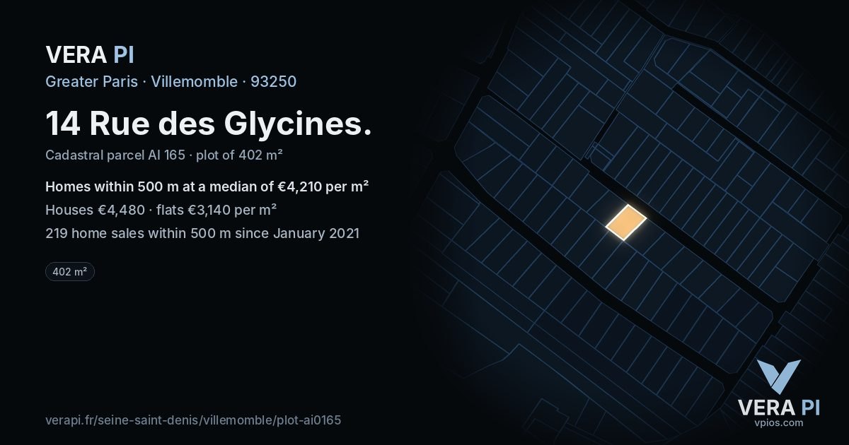 14 Rue des Glycines, Villemomble at night – the plot lit, the parcels around coloured by the prices near them