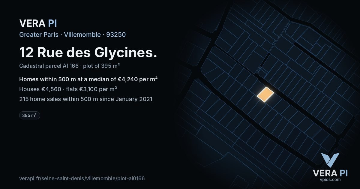 12 Rue des Glycines, Villemomble at night – the plot lit, the parcels around coloured by the prices near them