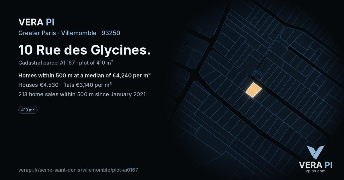 10 Rue des Glycines, Villemomble at night – the plot lit, the parcels around coloured by the prices near them