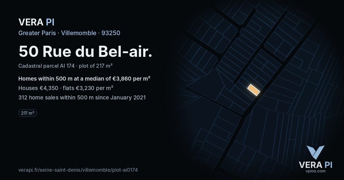 50 Rue du Bel-air, Villemomble at night – the plot lit, the parcels around coloured by the prices near them