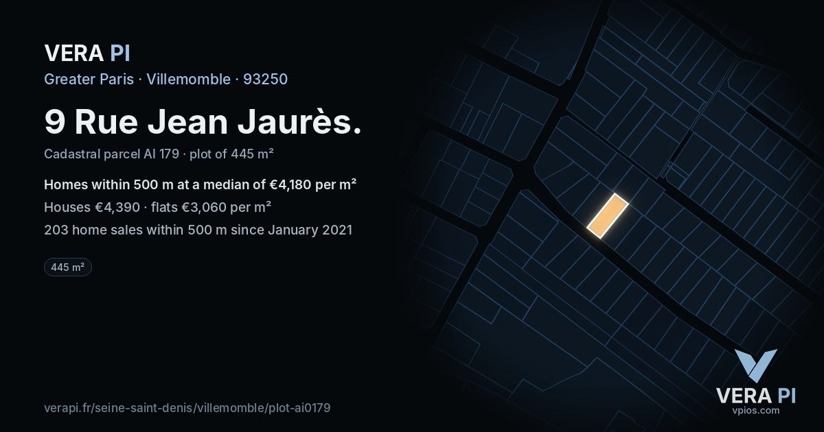 9 Rue Jean Jaurès, Villemomble at night – the plot lit, the parcels around coloured by the prices near them