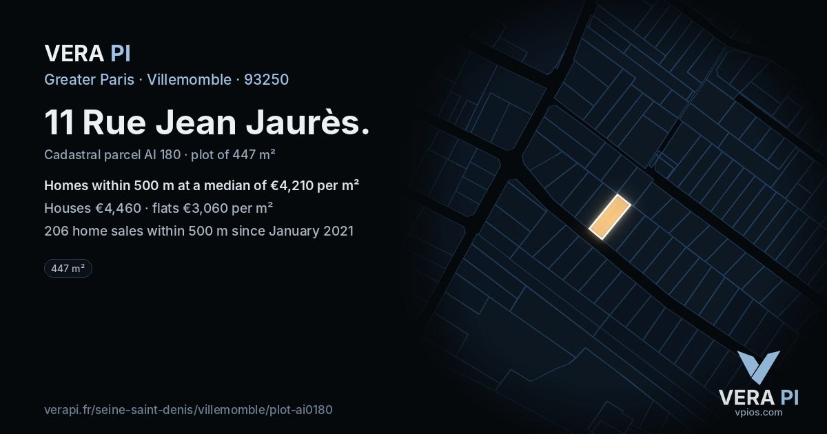 11 Rue Jean Jaurès, Villemomble at night – the plot lit, the parcels around coloured by the prices near them