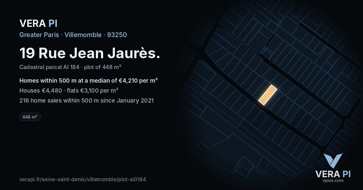 19 Rue Jean Jaurès, Villemomble at night – the plot lit, the parcels around coloured by the prices near them